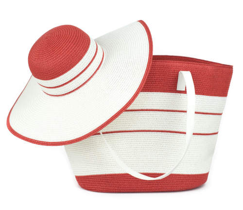 Bílo-červená letní plážová taška včetně klobouku ve stejném provedení